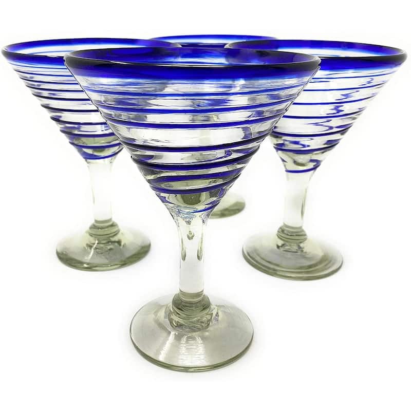 Dos Suenos Mexican Hand Blown Glass - Set of 4 Hand Blown Modern Margarita Glasses - Blue Spiral (12 oz) - Blue