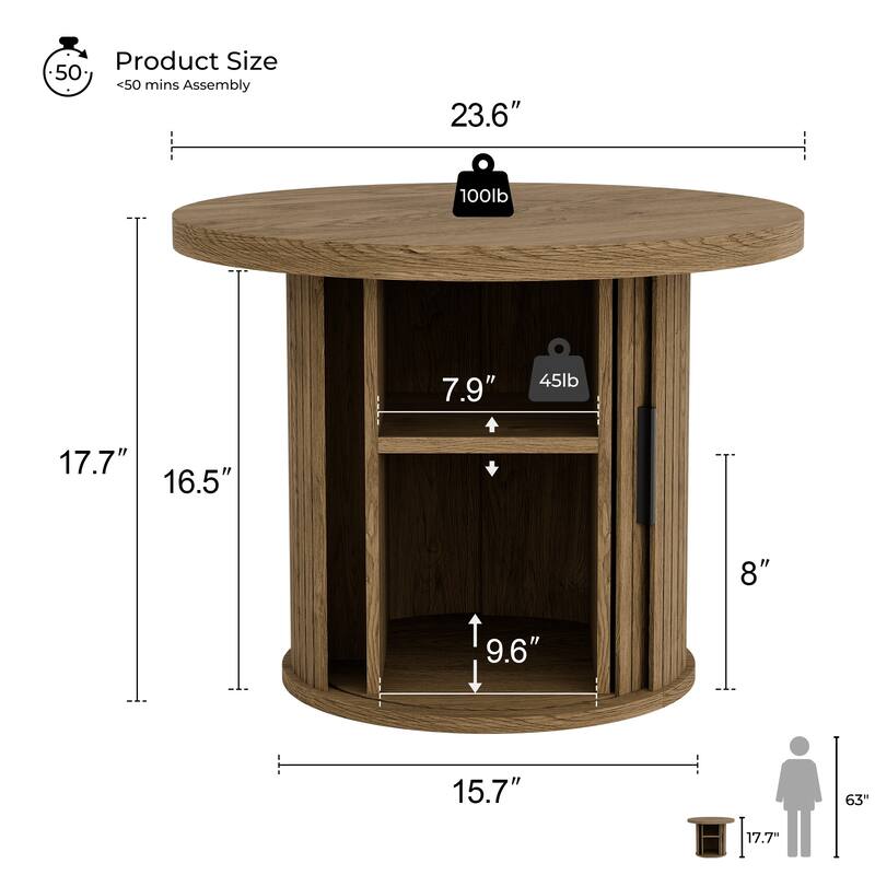 Mid Century Modern Round Coffee Table with Storage, Tambour Door Design Table for Living Room