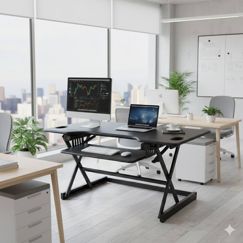 Rocelco 46 in. W Black Height Adjustable Standing Desk Dual Monitor Riser with Gas Spring Assist and Keyboard Tray