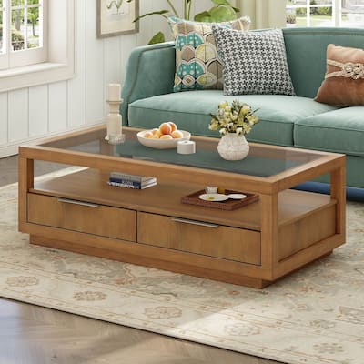 Modern Wood Coffee Table with Transparent Tempered Glass Top
