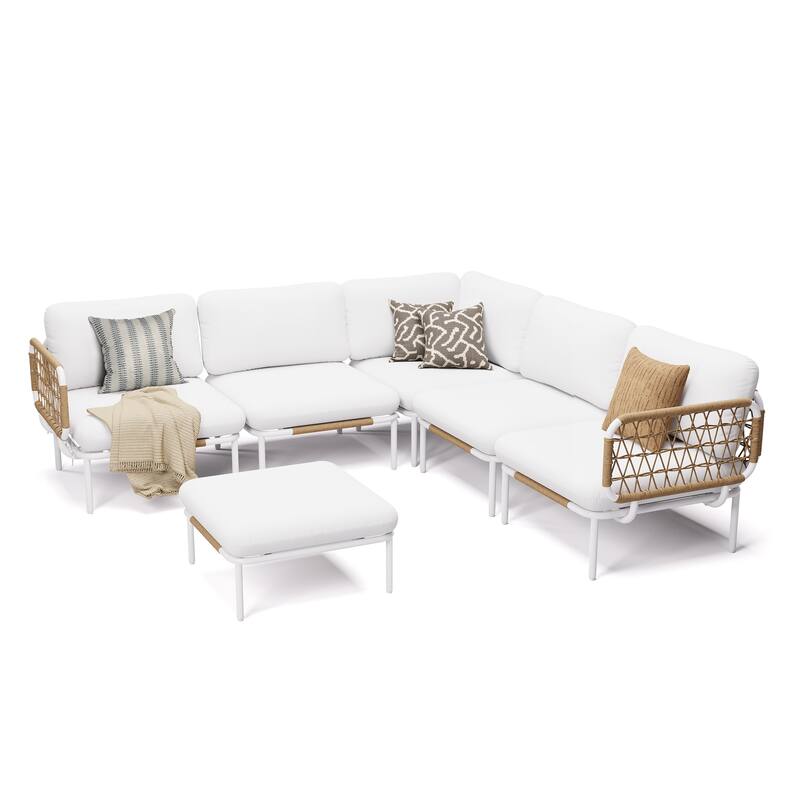 VredHom Outdoor Patio Aluminum PE Rattan Sectional Sofa Free Combination Conversation Seating Sets with Cushions - Beige - Set of 6