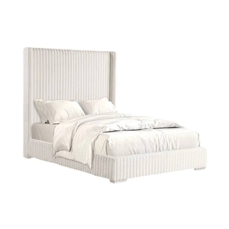 Wolo Queen Bed, White Fur Chenille Ribbed Upholstery, Wing Headboard