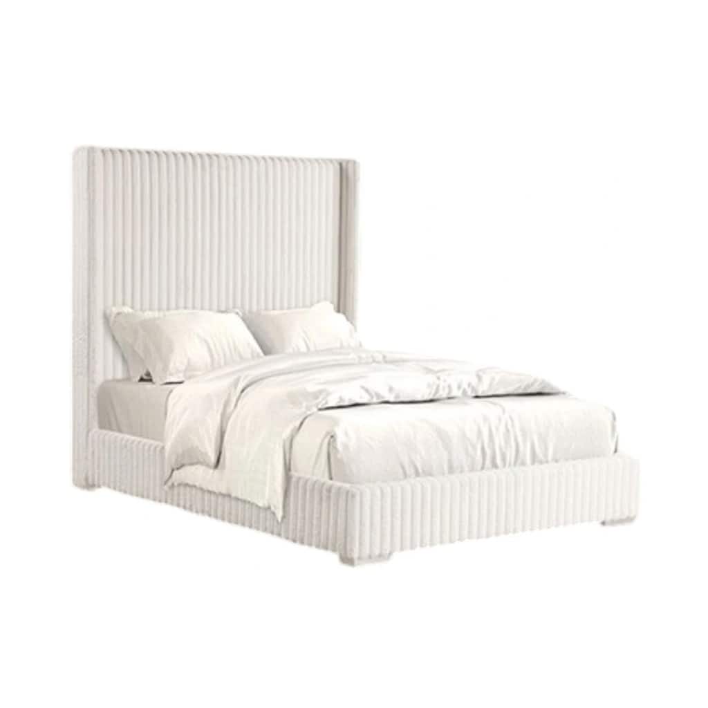 Wolo Queen Bed, White Fur Chenille Ribbed Upholstery, Wing Headboard