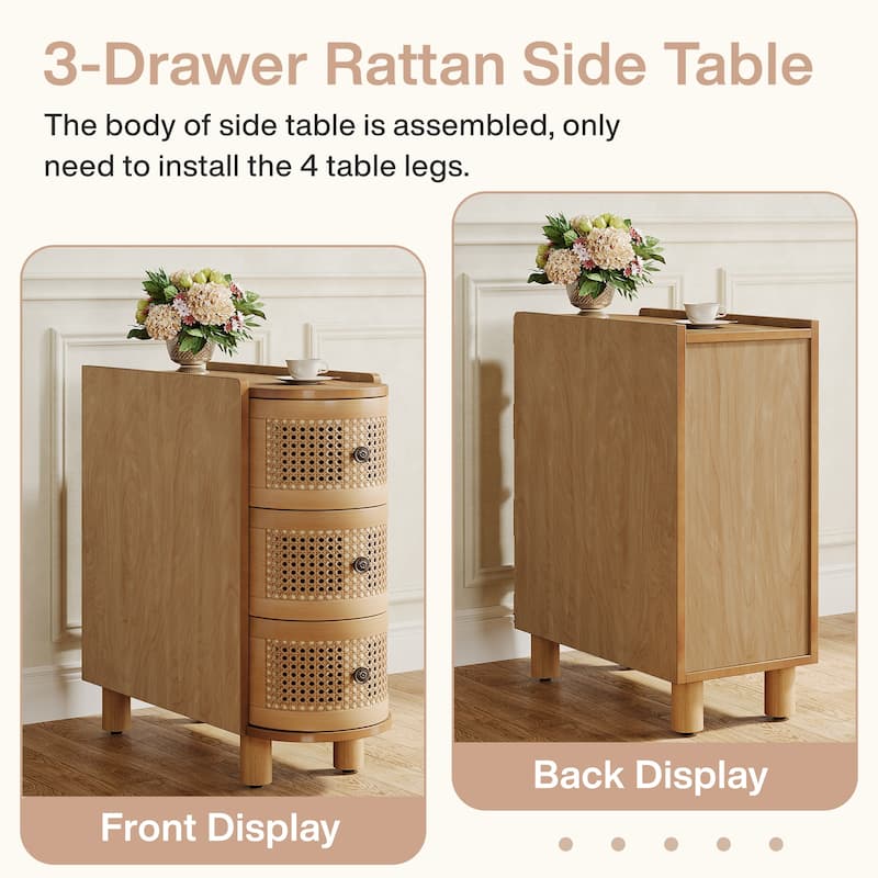 Solid Wood End Table, 3-Drawer Rattan Side Table, Night Stand with Exquisite Embossed Handles for Living Room