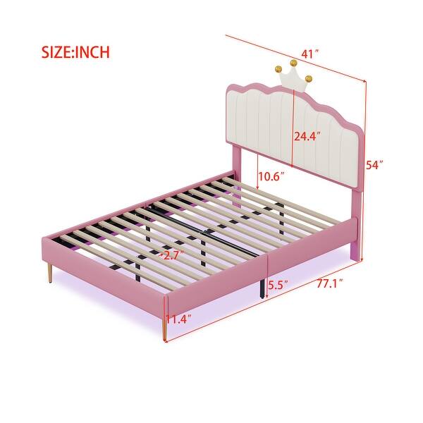 dimension image slide 1 of 2, Twin/Full Size Upholstered Kids Princess Bed with Crown Headboard, PU Leather Platform Bed Frame with Light Strips
