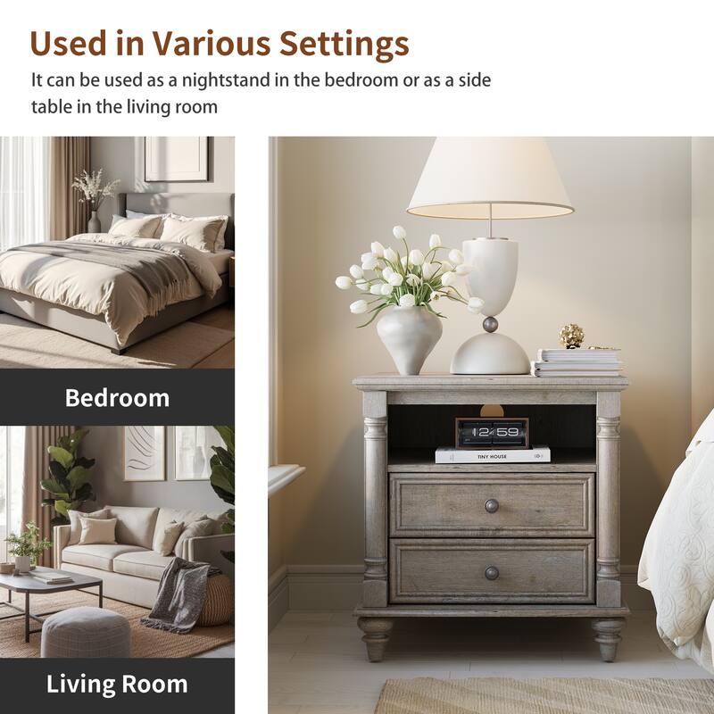 Farmhouse Nightstand Set of 2 with Solid Wood Feet, Charging Station