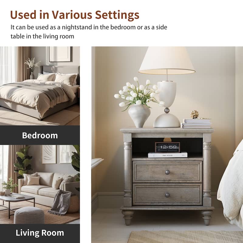 Farmhouse Nightstand Solid Wood Feet, Sofa Table with Charging Station