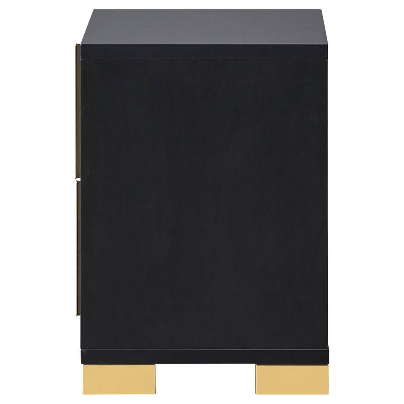 Modern Black 2-Drawer Nightstand with Gold Metal Accents, Geometric Art Deco Design, Smooth Glide Drawers