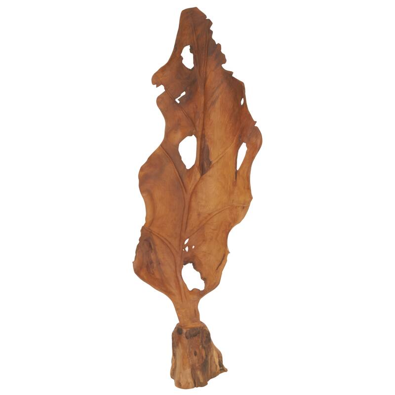 Brown Teak Wood Handmade Live Edge Leaf Decorative Sculpture