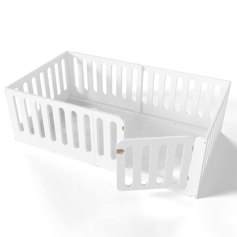 Toddlers Montessori Floor Bed with High Fence, Door, Low Profile Platform Bed Frame for Kids with No Box Spring Needed, No Slats