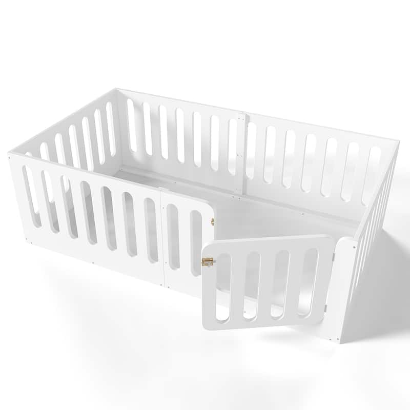 Twin Size Floor Bed with High Fence for Kids, Solid Wood Kids Montessori Bed with Door, No Box Spring Needed Design