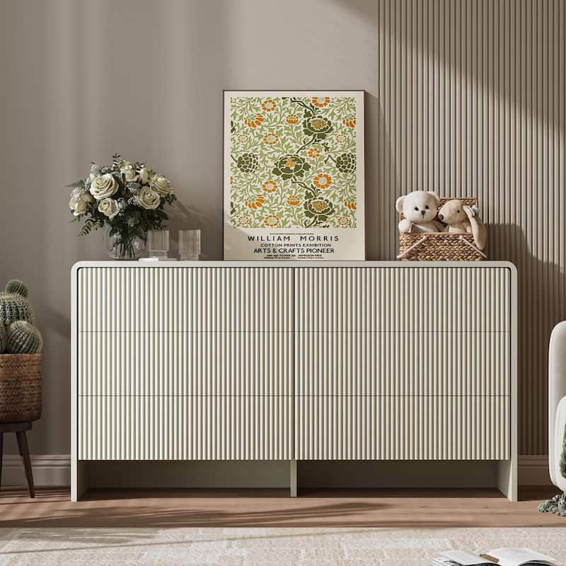 FURNIWAY White 6 Drawer Dresser 55" Push to Open Modern for Bedroom