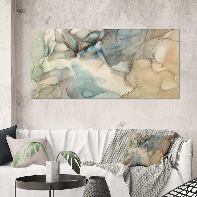Designart "Grey Tender Liquid Art I" Modern Canvas Wall Art Print - 60 in. wide x 28 in. high