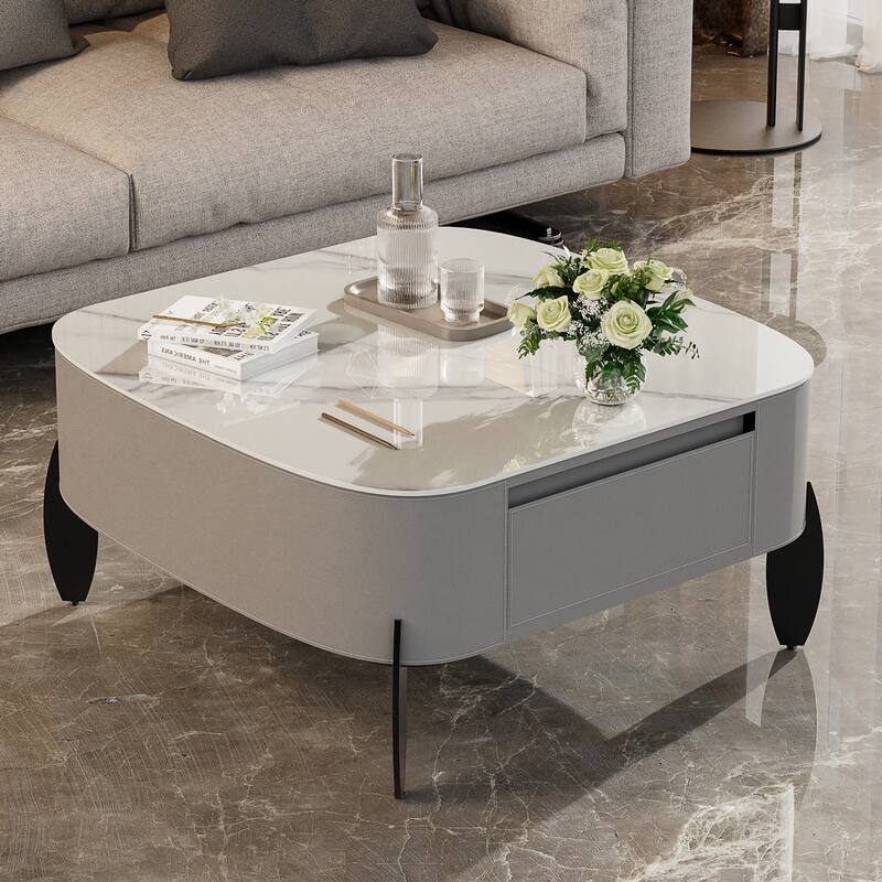 Rounded Square Sintered Stone Coffee Table Microfiber Saddle Leather - 32" - 32" - White/Grey