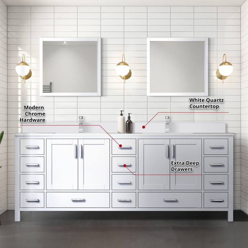 Jacques 84 in. W x 22 in. D White Double Bath Vanity, White Quartz Top, Faucet Set, and 34 in. Mirrors