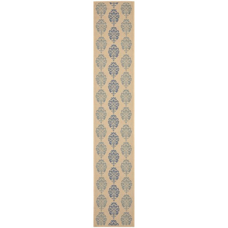 SAFAVIEH Courtyard Pauley Damask Indoor/ Outdoor Waterproof Patio Backyard Rug - 2'3" x 12' Runner - Natural/Blue