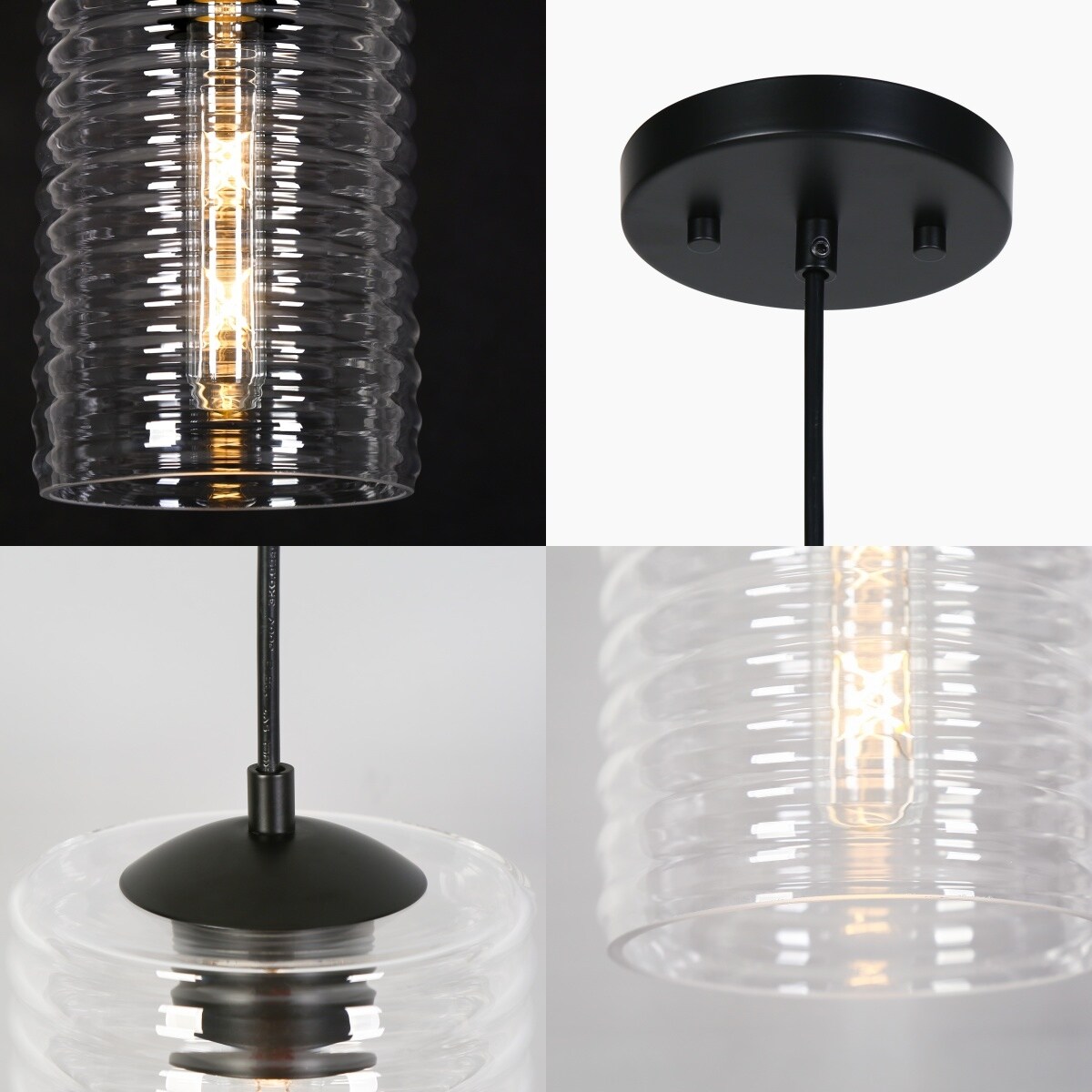 Modern Minimalist 1 Light Black Cylindrical Pendant Light Clear Striped Glass Cylindrical Kitchen Island Light for Dining Room 5.7 D 10.4 H