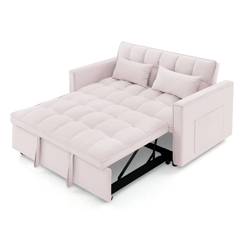 Velvet Foldable Sofa Bed, 3 In 1 Convertible Sofa Bed, Pull Out Couch Bed with Adjustable Backrest, Side Pockets & 2 Pillows