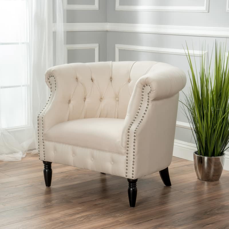 Beige Modern 32.75" Velvet Button Tufted Club Chair with Turned Birch Wood Legs and Nailheads - Beige