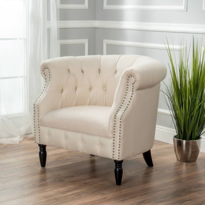 Modern 32.75" Velvet Button Tufted Club Chair with Turned Birch Wood Legs and Nailheads - Beige