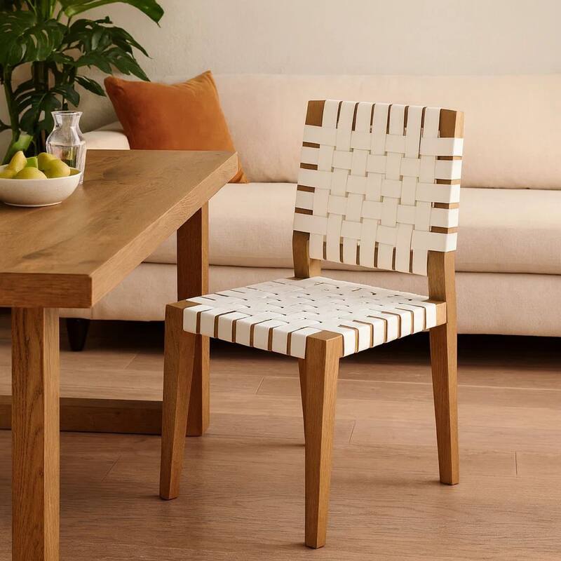 Rux 19 Inch Dining Chair, Woven Faux Leather Seat, Set of 2, White, Brown Wood