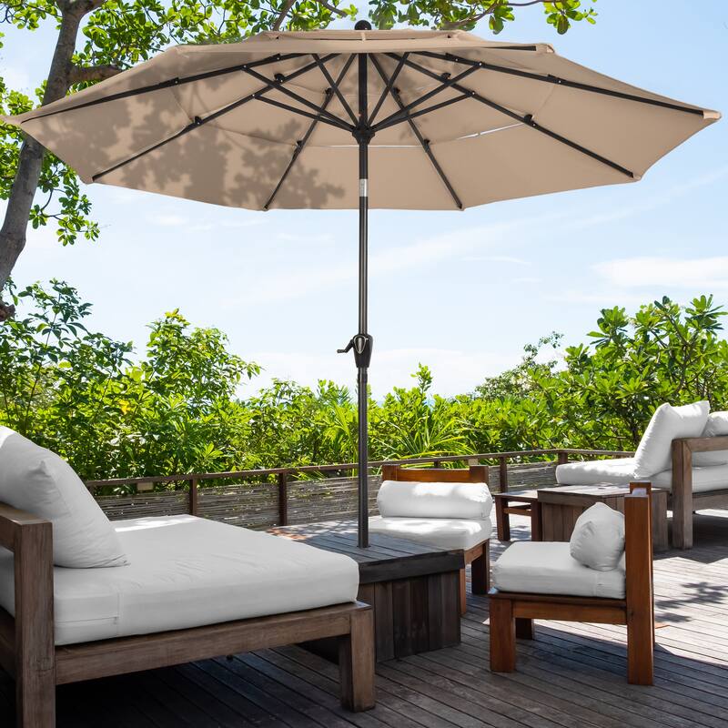10 ft Patio Umbrella, 3-Tiered Sunshade with Push Button Tilt and Easy-Open Crank, Outdoor Umbrella for Deck, Yard - Beige