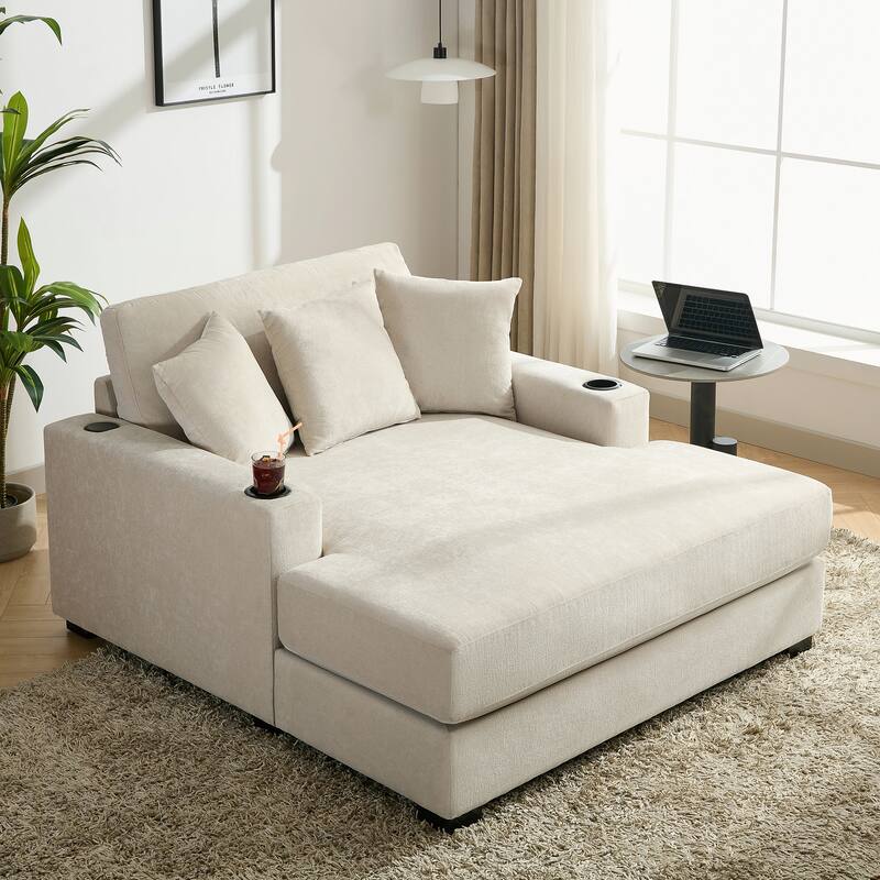 Oversized Chaise Lounger Modern Sofa Couch with Pillows, Charge Station & Cup Holders