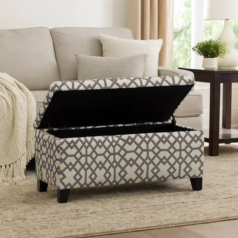 Flash Storage Ottoman Bench, Light Gray Geometric Print Fabric 51 Inch
