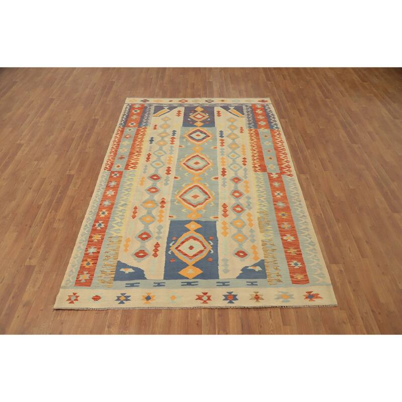Hand Woven Oriental 100% Wool Carpet Southwestern Tribal Multi-Colored Kilim Area Rug - 9' 2'' X 6' 0''