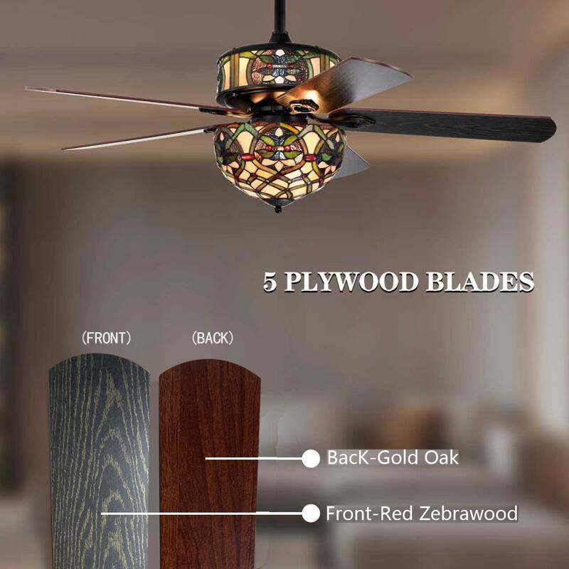 Parponk 52-Inch Flushmount Two-Tiered Lighted Ceiling Fan Green Hatch Tiffany Glass Lamp Black Finish