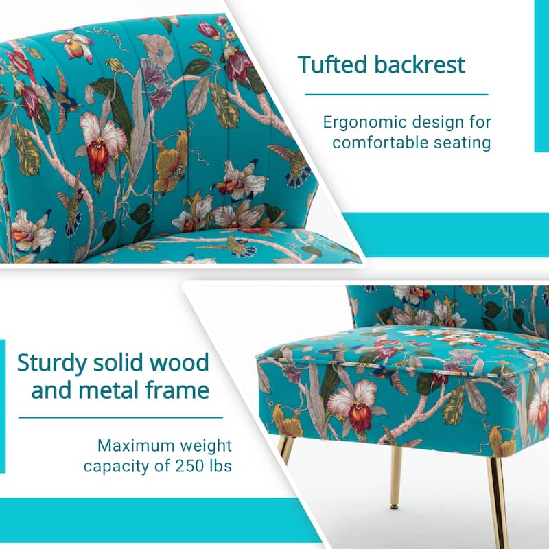 Velvet Floral Accent Chair (Set of 2) with Gold Legs, Modern Comfy Tufted Side Chair for Living Room/Bedroom