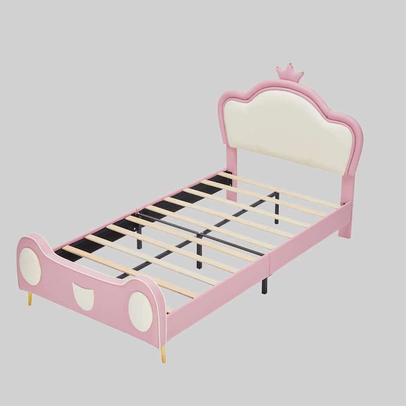 Girls Twin Bed Frame with Crown Headboard - PU Upholstered Princess Bed with Bed-End Storage Pocket - Pink - Twin