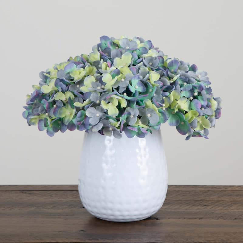 Floral Hydrangea Artificial Arrangement with Metal Vase - 11" - Blue