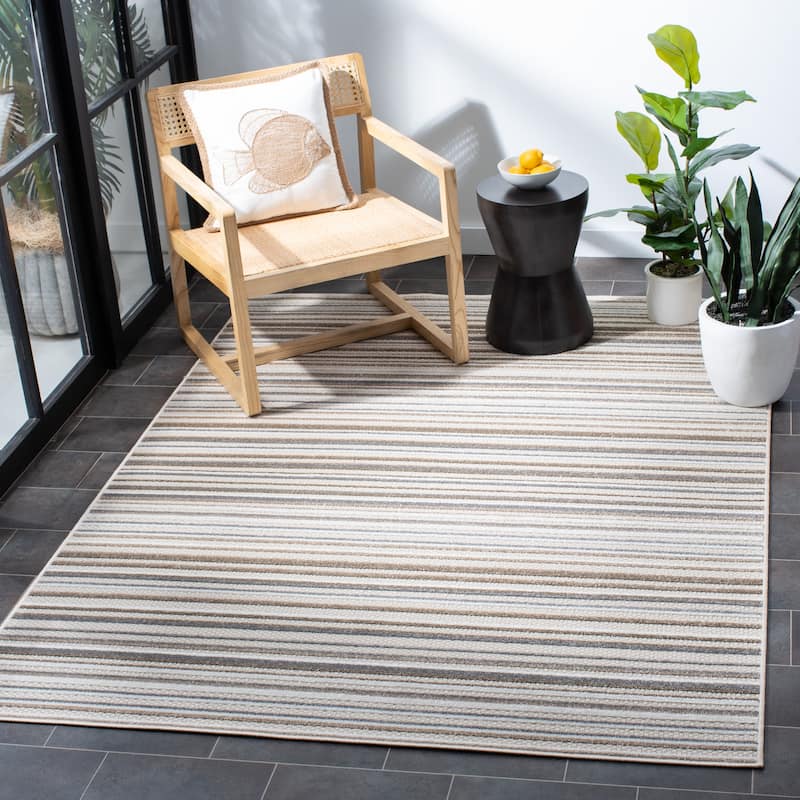SAFAVIEH Cabana Gafia Indoor/ Outdoor Waterproof Patio Stripe Rug - 4'5" x 6'5" - Ivory/Grey