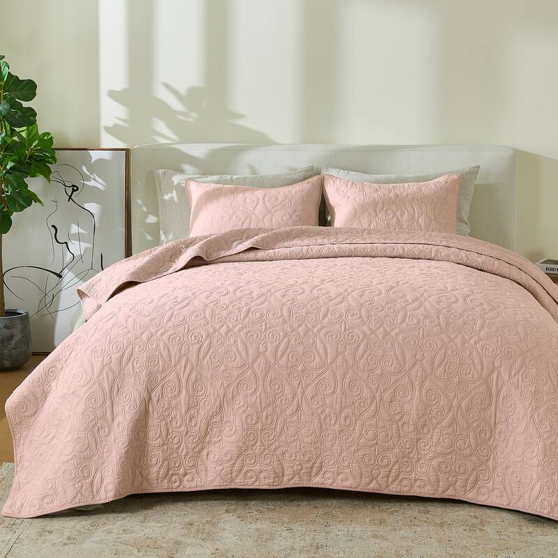 Patina Vie Maison 100% Cotton Stitched 3 Piece Quilt and Sham Set - Rose - Scroll - Full - Queen