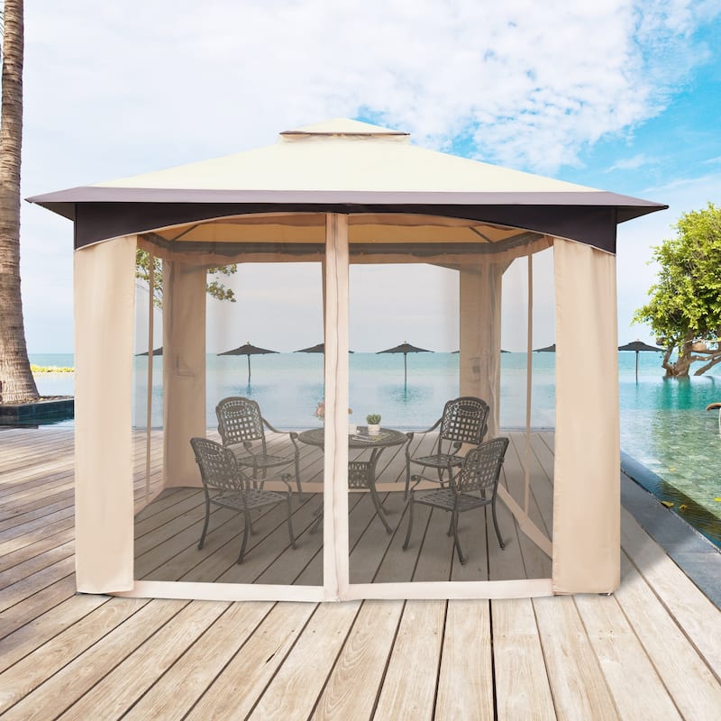 Outsunny 10' x 12' Soft Top Outdoor Gazebo Canopy with Double Roof, Beautiful Design with Eaves, & Mesh Sidewall