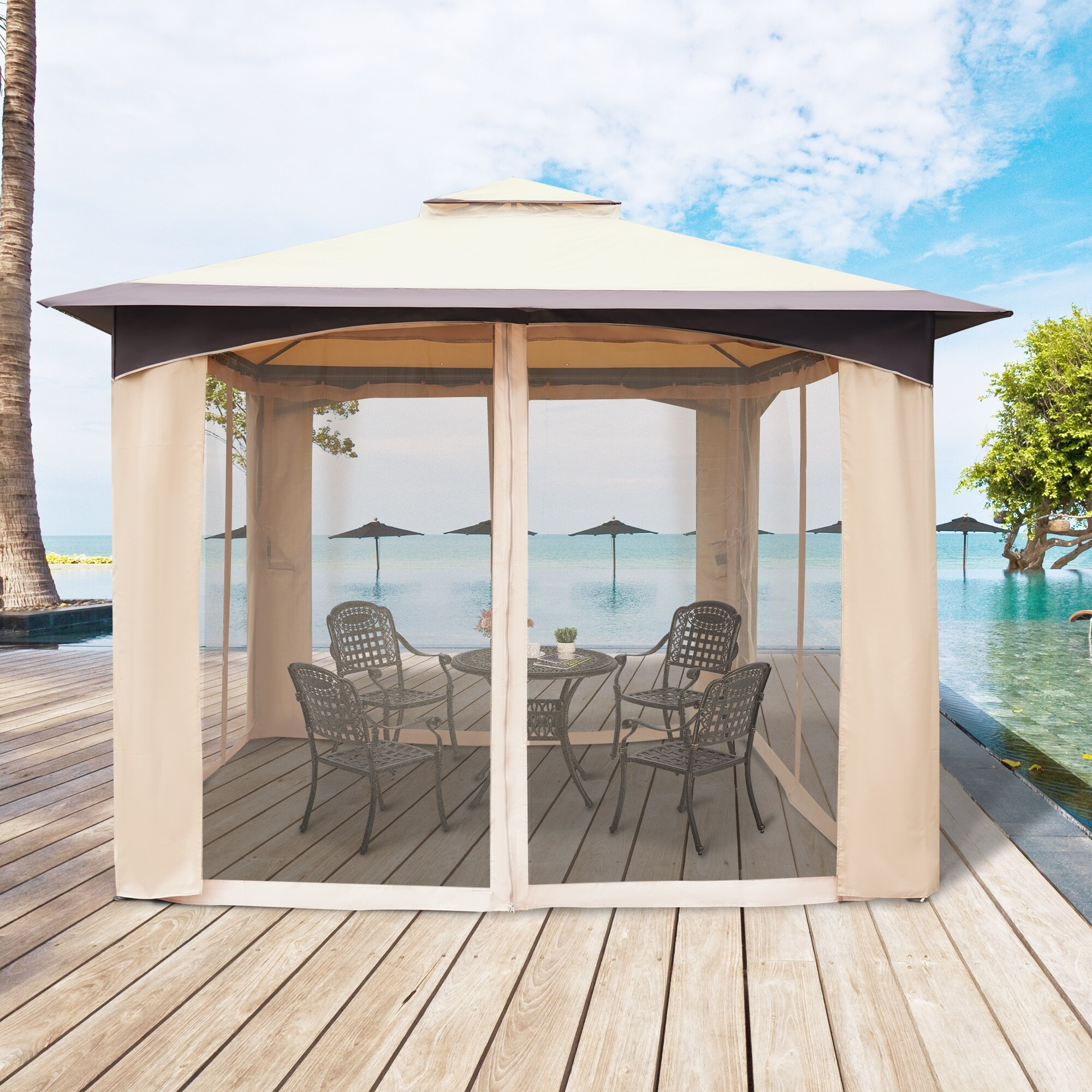Outsunny 10 x 12 Soft Top Outdoor Gazebo Canopy with Double Roof Beautiful Design with Eaves Mesh Sidewall On Sale Bed Bath Beyond 30827714