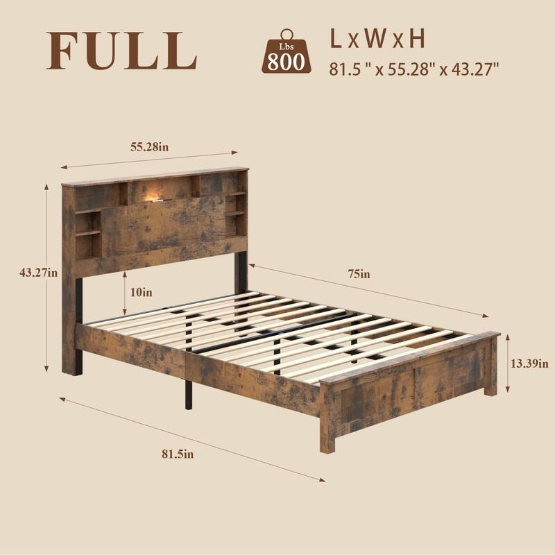 alazyhome Wooden Platform Storage Bed Frame with Charging Station, LED Lights & Bookcase