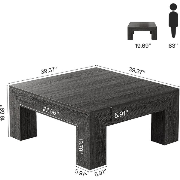 dimension image slide 1 of 5, 39.4-Inch Square Coffee Table for Living Room, Farmhouse All Wooden Center Table
