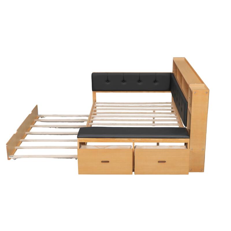 Roomfitters Full Wood Daybed with Trundle, Storage Shelves and Side Bench