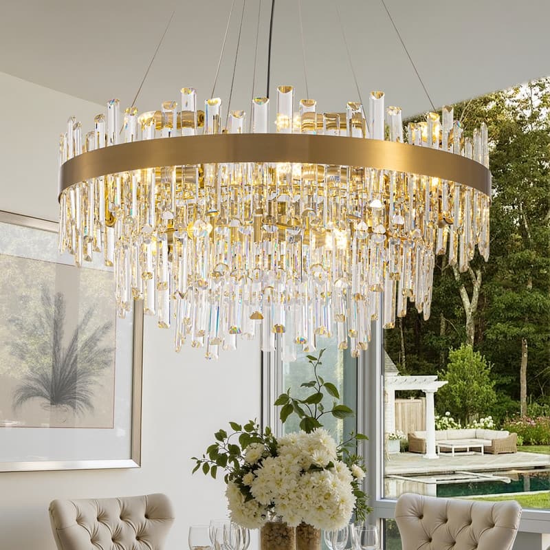 32 in. 4-Tier Modern Crystal Chandelier Brass Gold Round Crystal Raindrop Chandelier Contemporary Pendant Light for Dining Room - 32 IN.