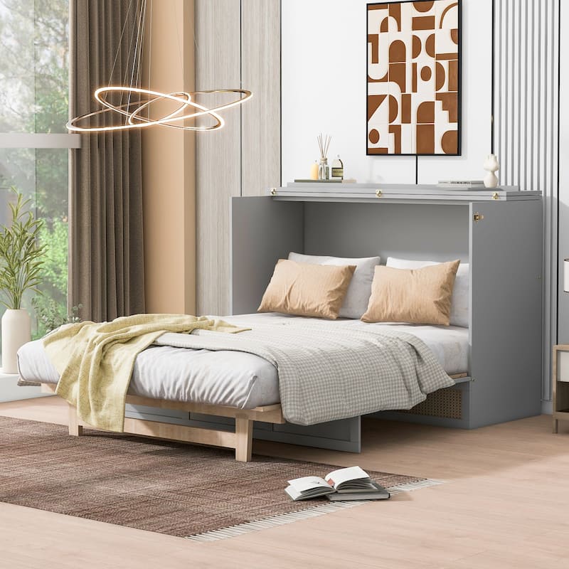 Full Size Murphy Bed Hidden Cabinet Bed with Drawer Underneath and Rattan Patterned, Clever Space Utilization Classic Grey - Grey - Full