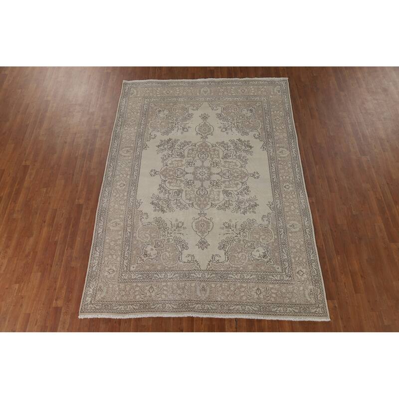 Beige Distressed Tabriz Vintage Persian Rug Hand-Knotted Wool Carpet - 6'9" x 9'6"