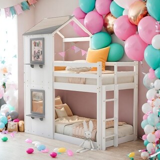 Modren Twin Over Twin Wood Bunk Bed With Roof,Window,Guardrail And Ladder