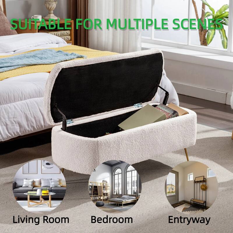 Modern Faux Fur Storage Ottoman Bench with Gold Legs for Living Room, Bedroom, Entryway