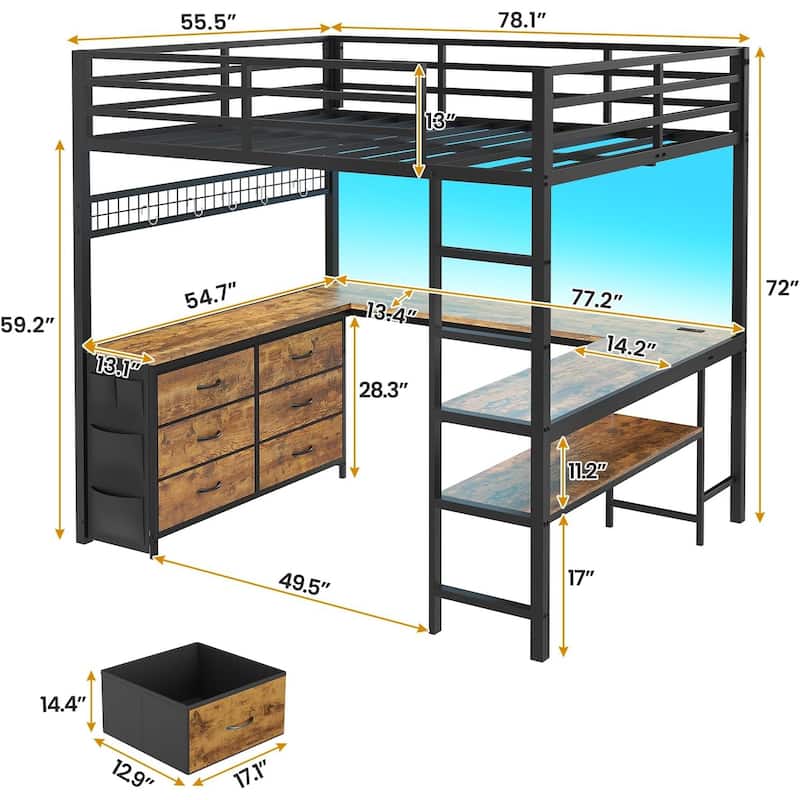Loft Bed with Full Size U-Shaped Desk 6 Drawers Power Outlet 2 Storage Shelves
