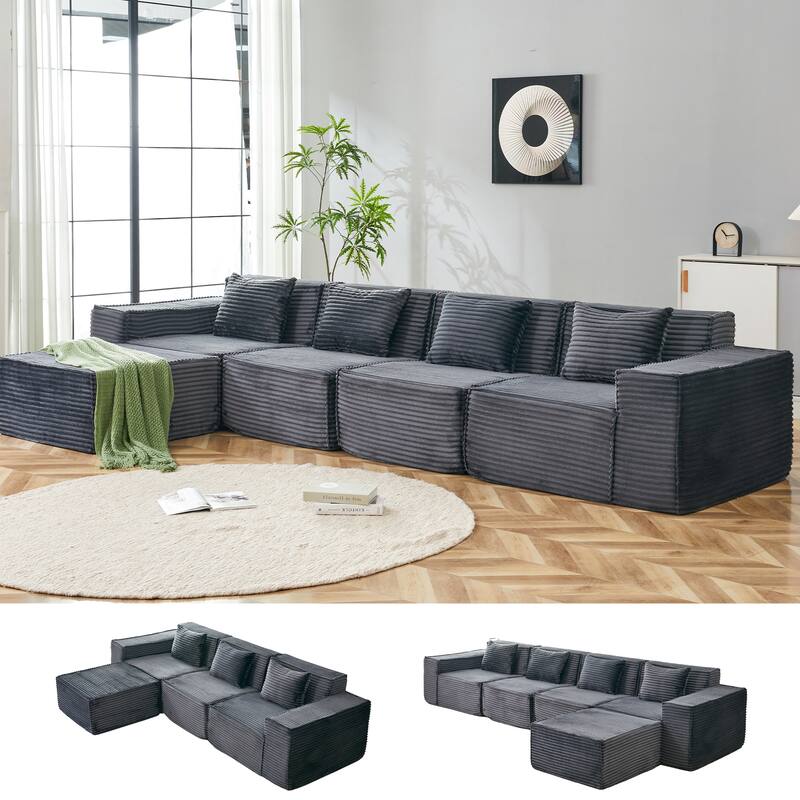 L-Shaped Modular Sectional Sofa with Ottoman, Striped Corduroy Deep Seat Cloud Couch, Large 4-Seat Corner Sofa
