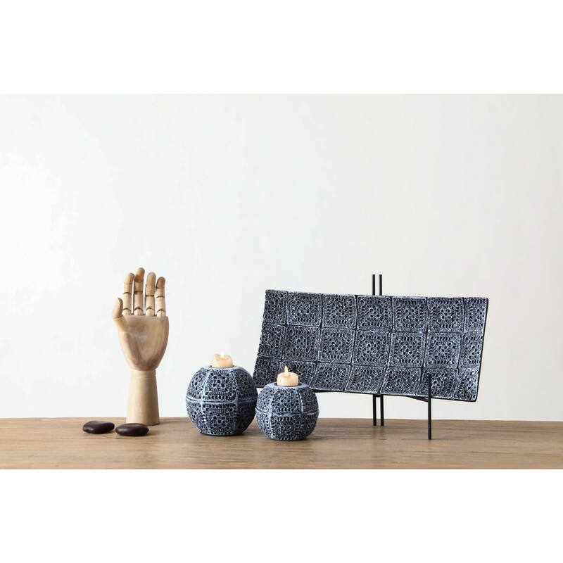 Black Quilted Polyresin Candle Holder Set with Tray Modern Decor