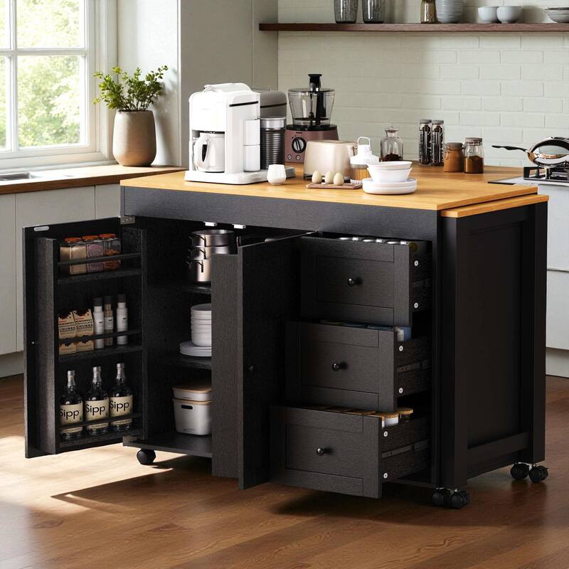Kitchen Island with Extendable Dining Table, Power Outlet, Rolling Storage Cart with 3 Drawers, 2-Door Cabinet, and Spice Rack