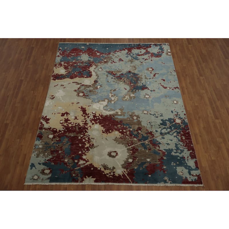 Hand Knotted Oriental Silk Carpet Modern Abstract Navy Blue & Blues Contemporary Area Rug - 10' 2'' X 8' 1''